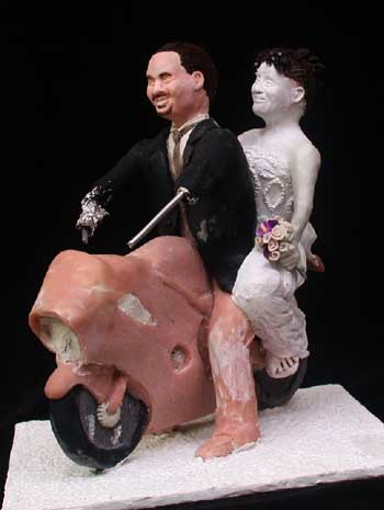 Just Married motorcycle custom wedding sculpture cake topper by Carol S Sakai, artist